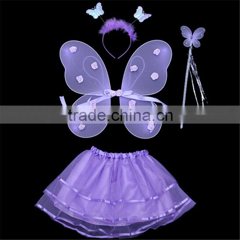 HOT Kids Festival Single Layer Rose Tie Butterfly Fairy Wings Magic Wand Headband Costume Set/Birthday Party Performance Supply