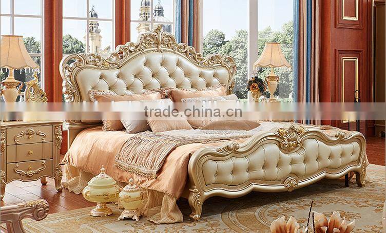 Neoclassic bedroom furniture solid wood gold painting genuine leather double bed