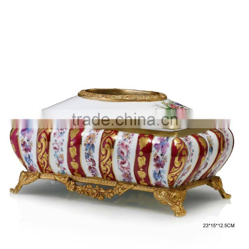 Luxury red color ceramic brass carving decorative tissue box