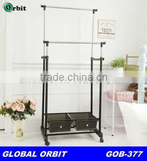 Easy to assembly movable garment rack with storage shelf, vertical double metal clothes rack