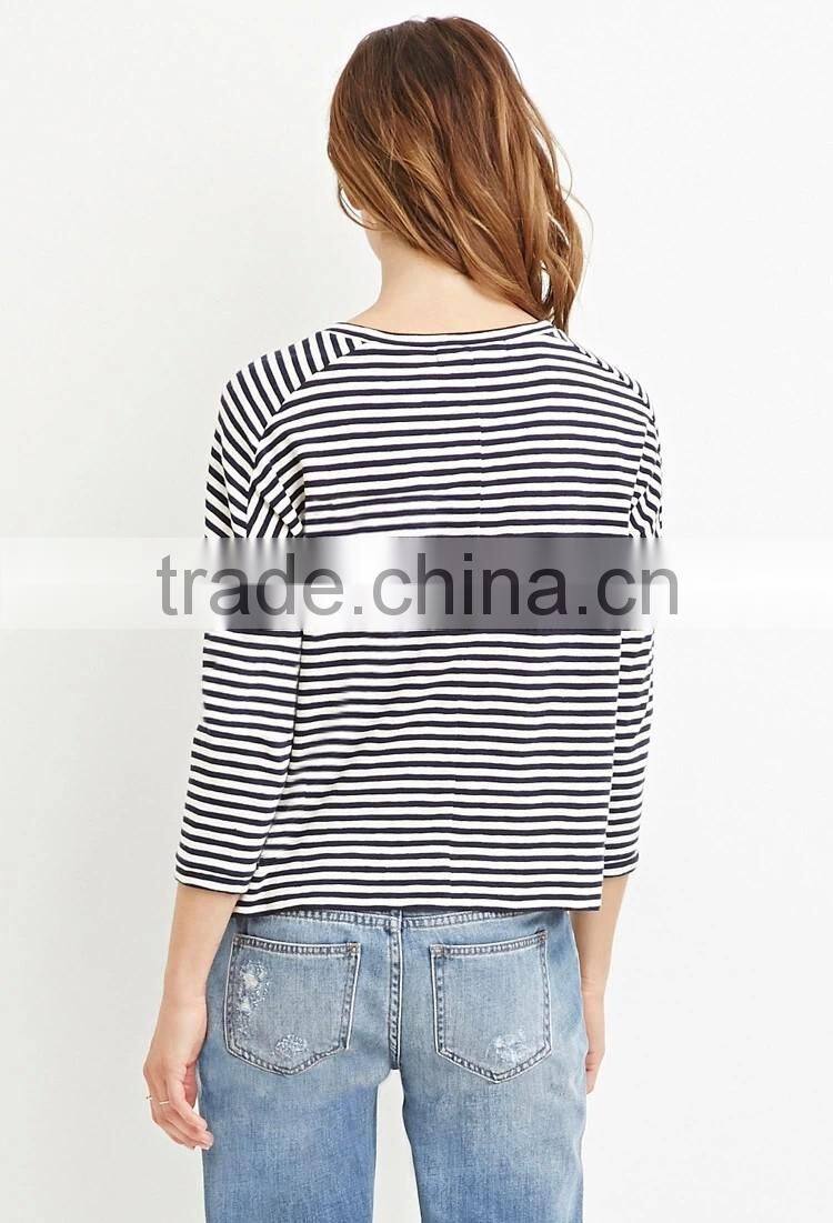 Womens loose long sleeve black white striped t shirts