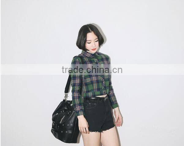 2015 customized short style green and navy plaid shirt for women