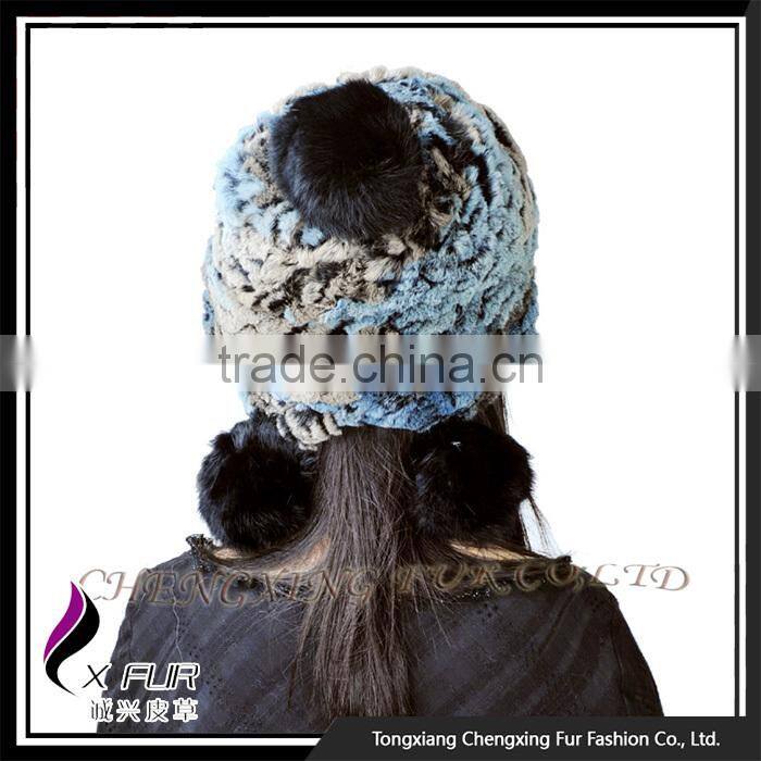 CX-C-111B Wholesale Custom Knitted Winter Rex Rabbit Fur Pom Pom Hat