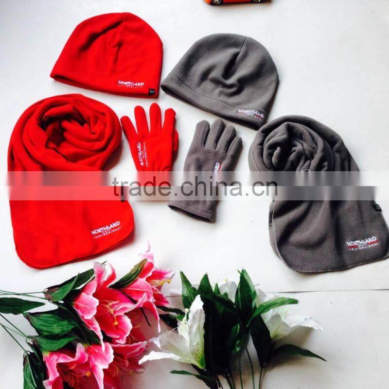 three red grey black colors ladies and mens polar fleece winter scarf hat gloves sets factory