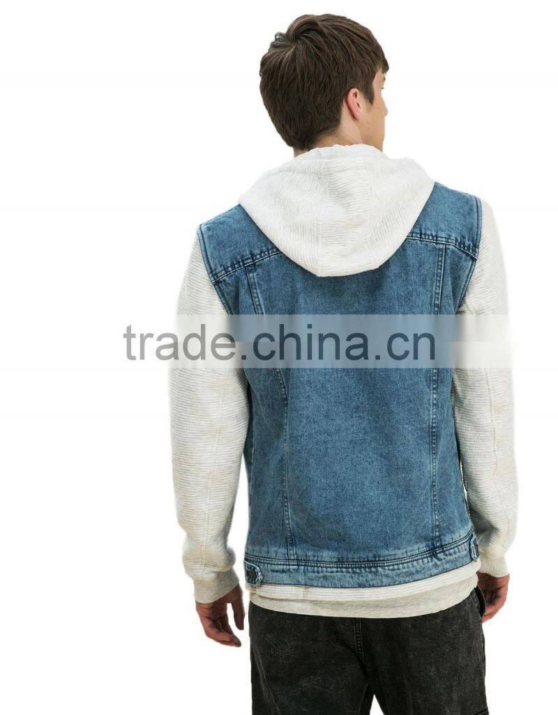 Wholesale China fashion hooded mens jersey sleeve denim jacket