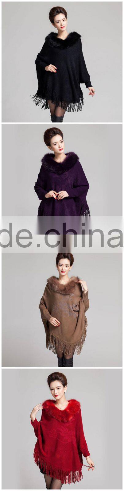 elegant knit lady shawl winter plus size thick cape with imtation fox fur collar trim knit Batwing autumn top quality pashmina