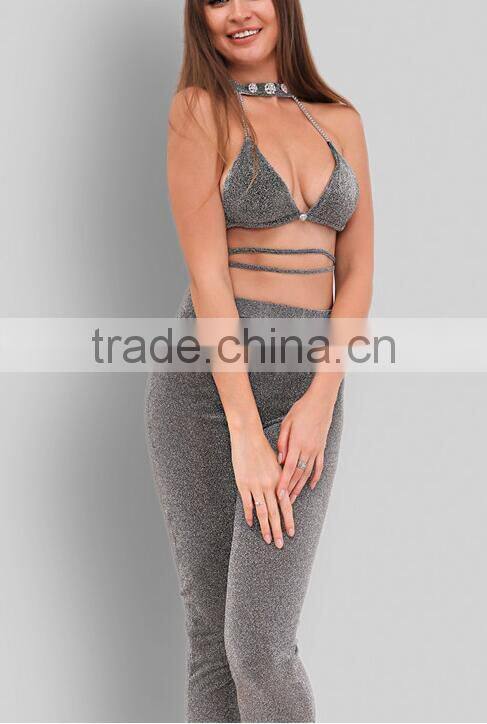 Runwaylover 082 Ladies 2017 Two Piece Suits , Women Sexy Crop Top And Slim Pants