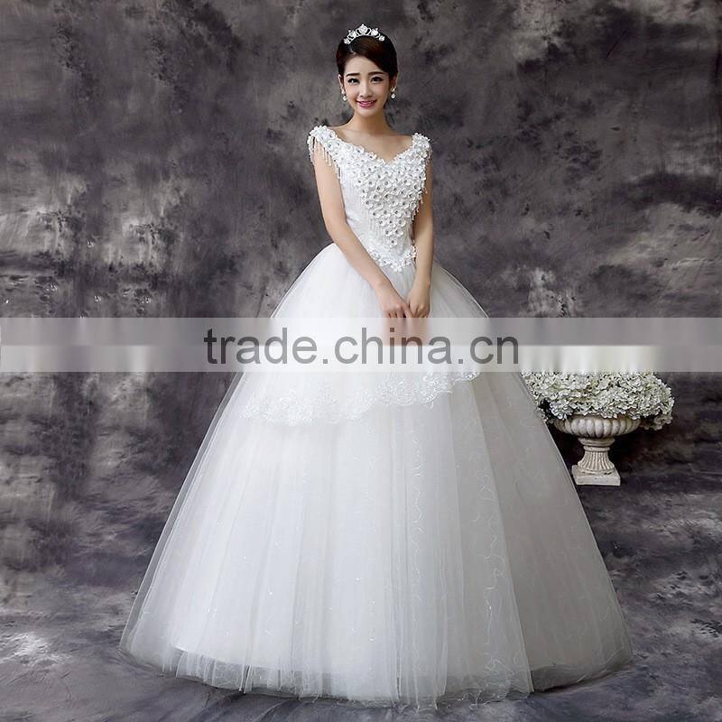 2016 New Women White Wedding Dress Sleeveless Beaded Wholesale OEM