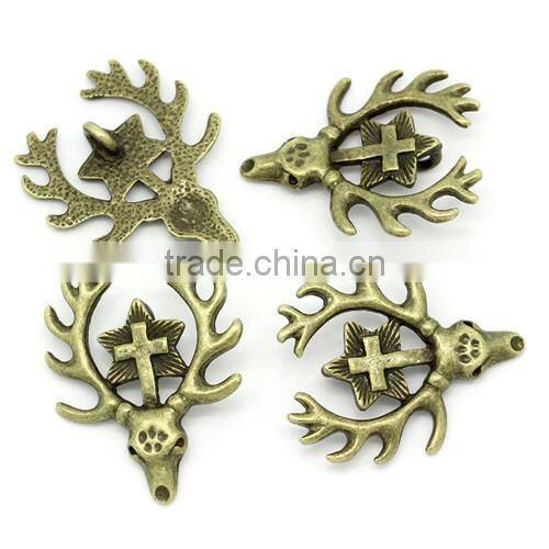Charm Pendants Christmas Reindeer Antique Bronze Cross Pattern Carved 3.4x2.8cm