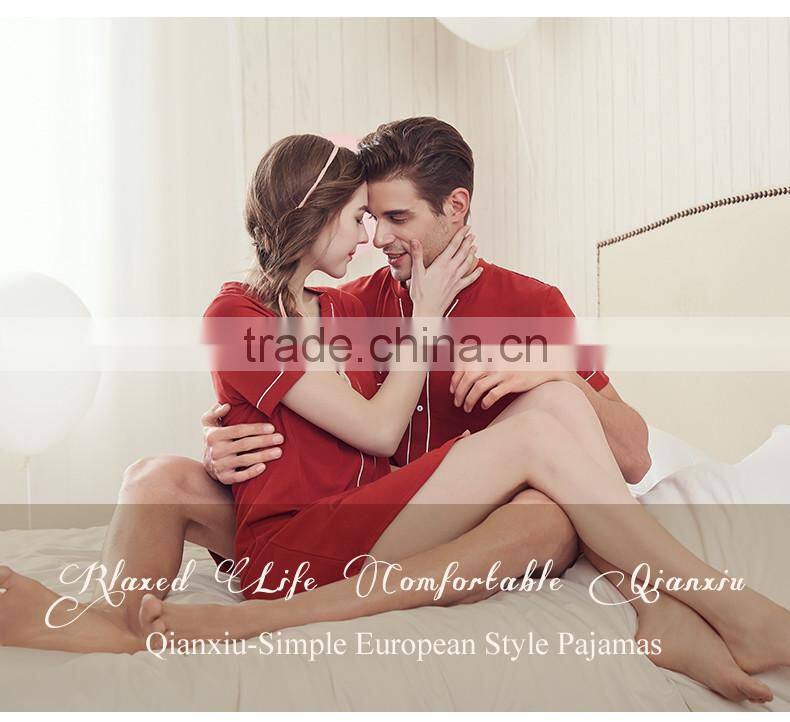 Logo printed Qianxiu Men Women Red Navy Blue Placket Short Sleeved Sexy Nighty for Honeymoon