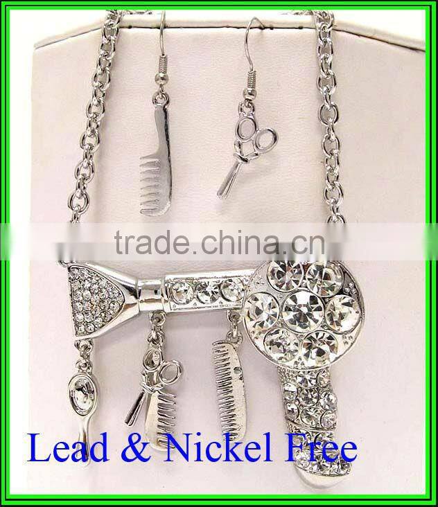 Beauty shop theme dryer brush comb mirror dangle large scissors link necklace earring set