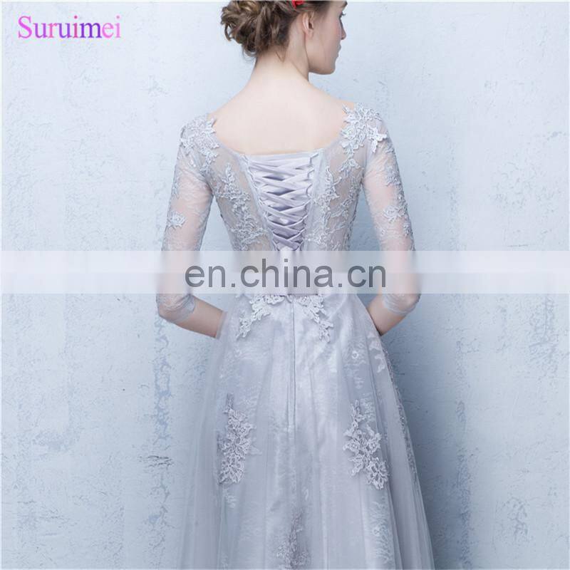 Dubai Bridesmaid Dresses Vestidos De Noite Longos Silver Appliques A Line Long Brides Maid Dresses with Sleeves