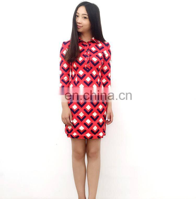 High end retro printing big lapels Knitted Cotton dress temperament Slim Casual Dresses