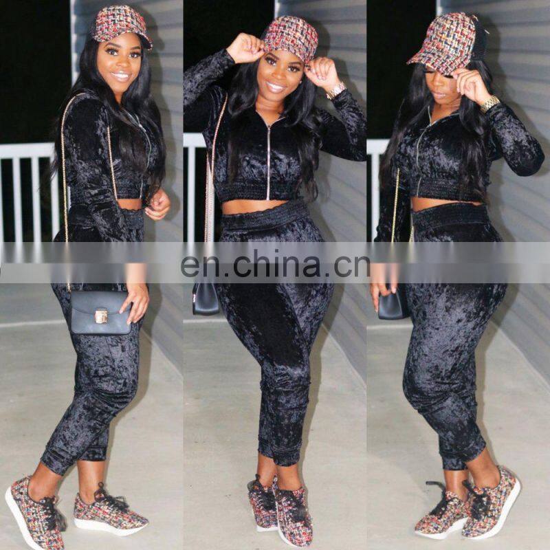 Customized women's fall leisure sports pure color fluffy long-sleeved zipper two-piece suit