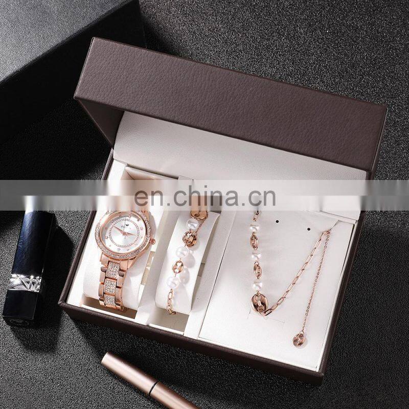 ZONMFEI ZM031-D 3pcs Ladies Quartz Wristwatch Neckless Gift Box Casual Fashion Style Woman Watch Set Bracelet