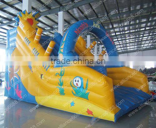 yellow and blue small 6x5m pvc inflatable water slide, customize pvc inflatable slide and pvc pool,inflatable water slide