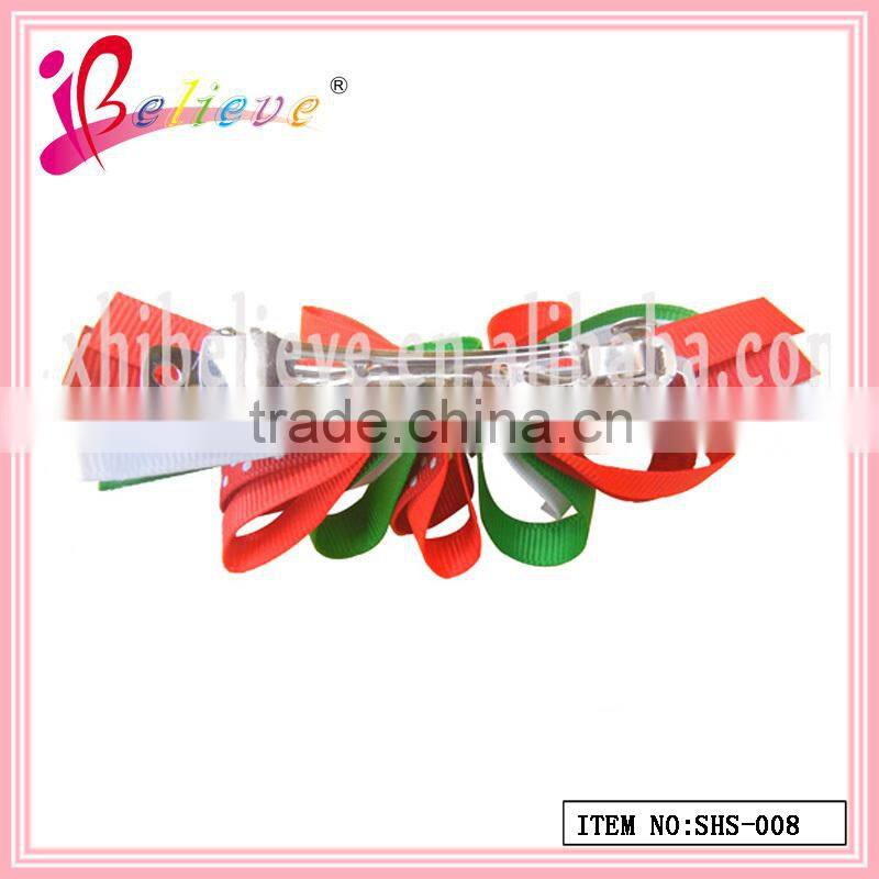 2014 Hot sale no fade colourful handmade frizzy dot ribbon christmas hair barrette (SHS--008)