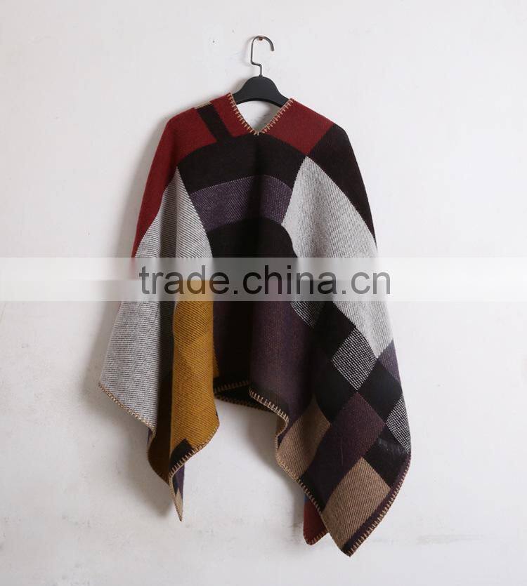 Wholesale New Winter Thicked Classical Assorted Color Plaid Jacquard Ladies Wool Poncho