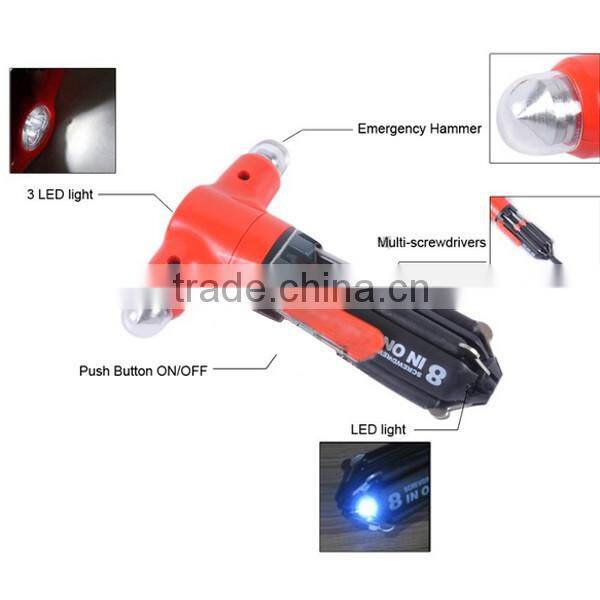 T-SMILE 8in1 Car Safety Hammer Flashlight Screwdriver Safety Hammer For Car