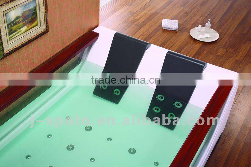 Glass bathtub with wooden handrest for hot tub