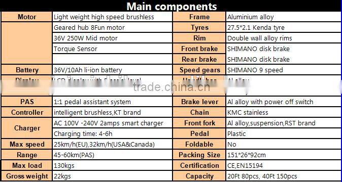 EN15194/CE certificated electric mountain bike with frame-battery