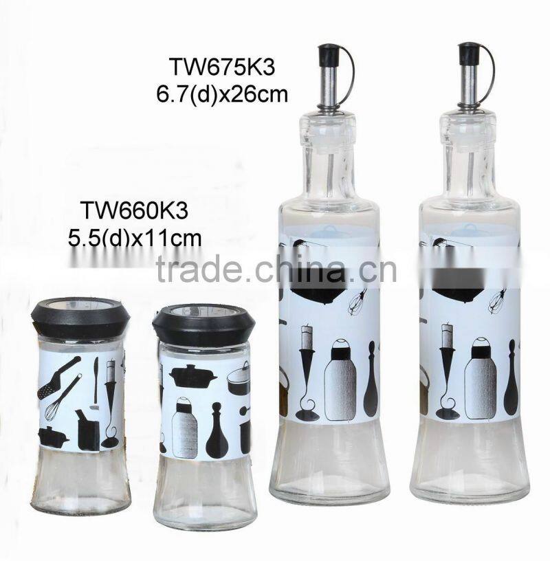 Glass oil vinegar salt pepper set with printing (TW675K8,TW660K8)