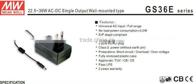 Meanwell single power supply/22.5~36W AC-DC Single Output Wall-mounted type industrail adaptor