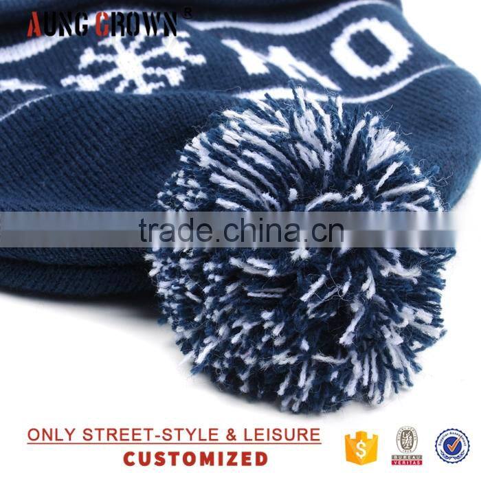 top quality custom knit beanie pom/top pom cuffed beanie/3d beanie