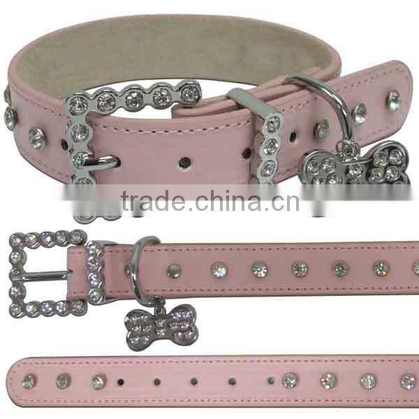 Green Rhinestone Buckle Leather Dog Collars Wholesale