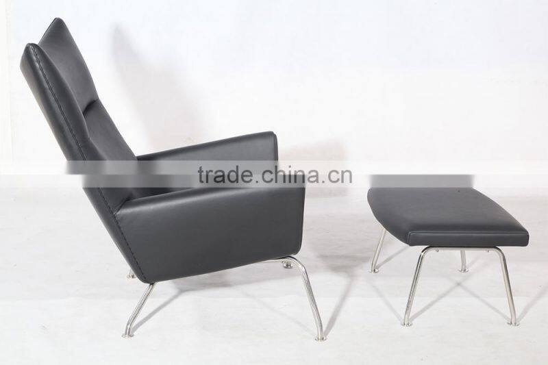 Hans Wegner leather high wingback chair wing lounge chair with footrest