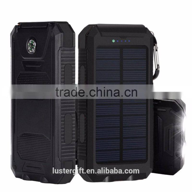 2016 Trending Products 10000mAh Lithium Polymer Battery IP67 Waterproof Solar Power Bank With Flashlight Compass for Outdoor
