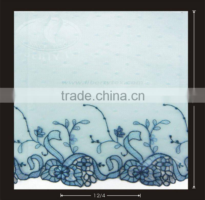 Blue Polyester embroidery lace dot mesh with Guipure