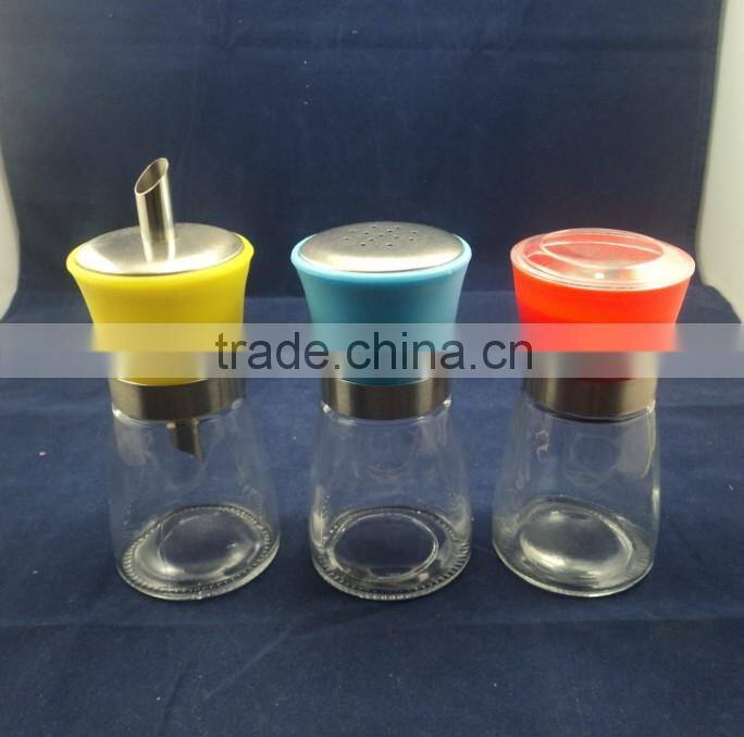 kitchen set of pepper mill, spice shaker, oil bottle