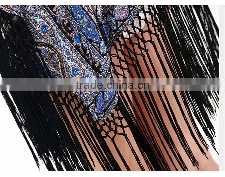 2016 Summer Fashion Women Crop Top Tassel Fringe Off Shoulder Printed Ethnic Sexy Spaghetti Strap Tank Top Ladies Floral Blouses