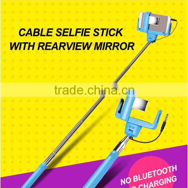 promotional cheap selfie stick with cable and mirror