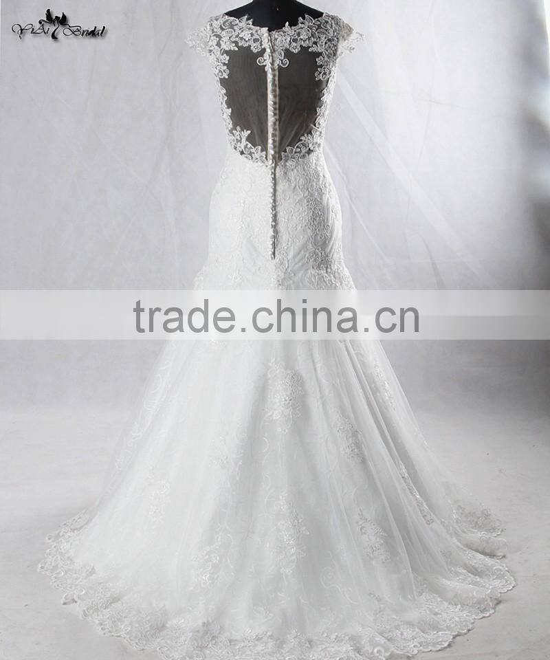 RSW928 Cap Sleeves Illusion Neckline See Through Back Lace Wedding Dresses Mermaid With Detachable Train