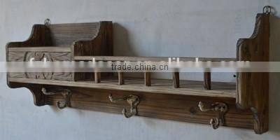 2016 new style vintage wooden shelf with carved drawer and metal hooks