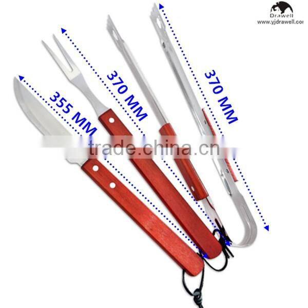 Set of 3 hard wood handle bbq tool set