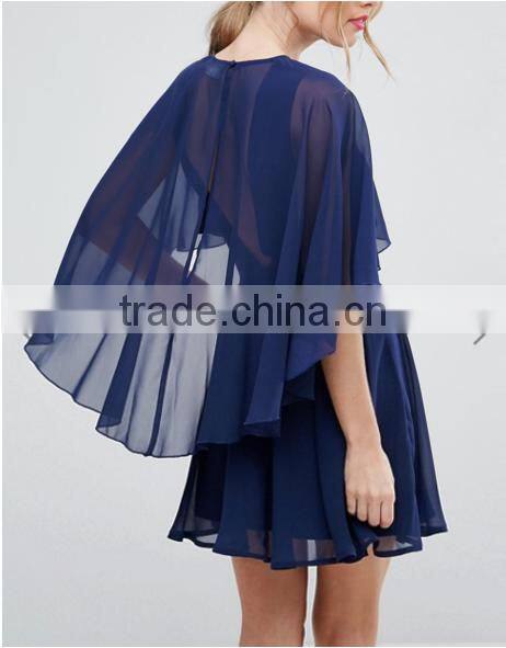 OEM Service Supply Type And Evening / Formal Dresses Type Elegant Evening Dress/ Navy Chiffon Dip Back Cape Mini Dress
