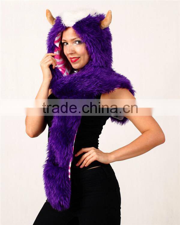 Faux fur adult beanies plush animal head hat scarf glove