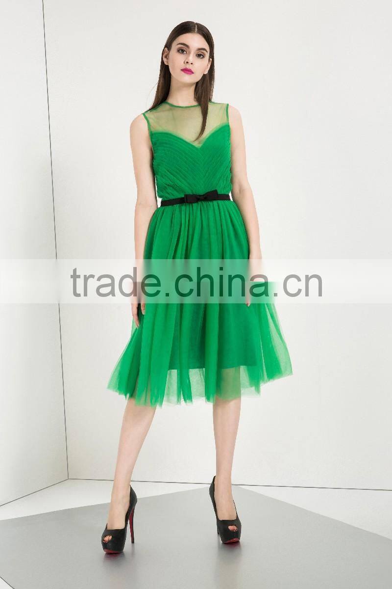 2016 Hot Selling Women Fashion Sleevless Mesh Tutu Evening Dress Green Beaded Short Dress of Evening