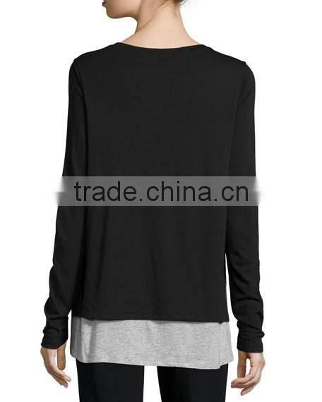 high quality Double-Layer Long-Sleeve Tee/Pima cotton Relaxed style Top layer side open hemp t shirt for women