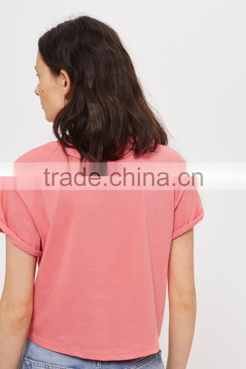 MGOO High Quality 100% Cotton Cuffed Short Sleeves Tank Top Womens Custom Floral Embroidered Crop Top