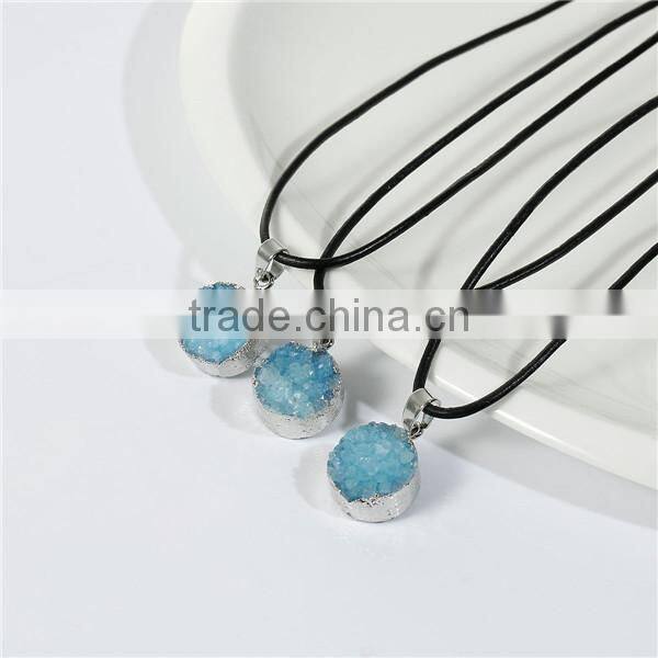 New Fashion Natural Quartz Crystal Druzy /Drusy Necklace Black Cord Silver Tone Blue Round Pendant 44.8cm long