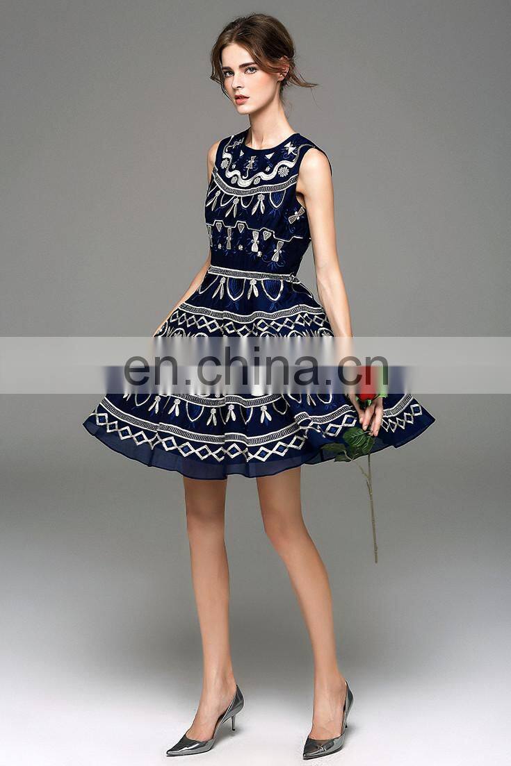 Ladies fashion summer dress 2016 sleeveless round neck embroidery dress designs
