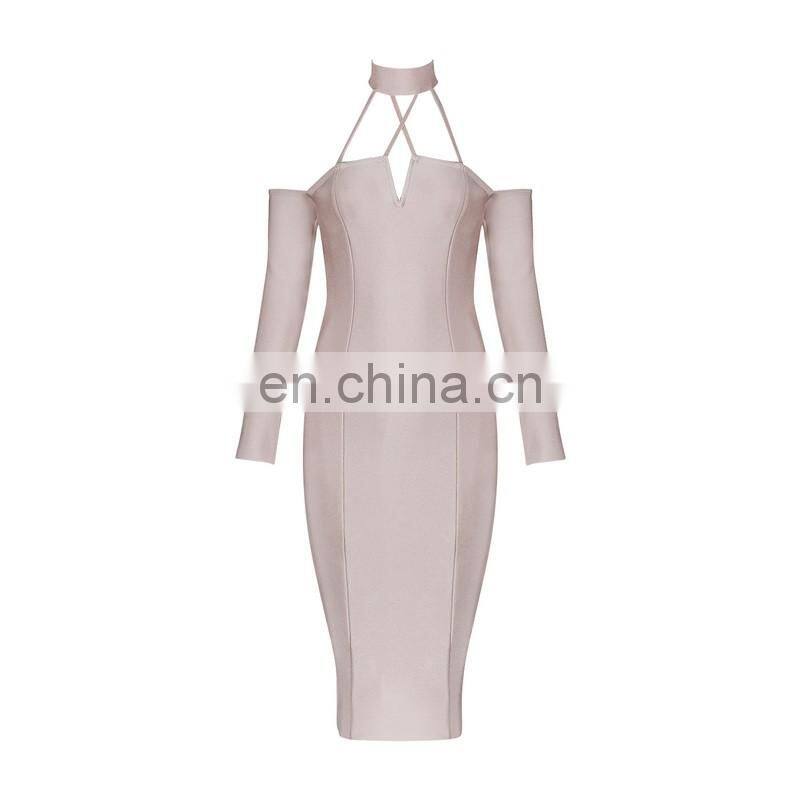 Amigo 2017 fashion beige long sleeve halter backless crossover bandage dress elegant prom dresses for celebrity in red carpet