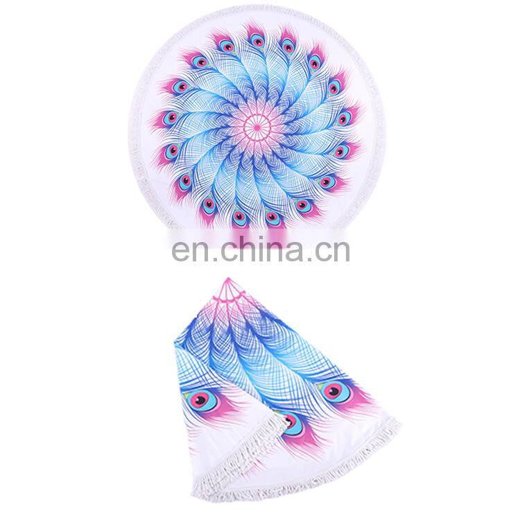 China manufacturer recyclable peacock feathers printed large microfiber towels custom round beach towel with tassels