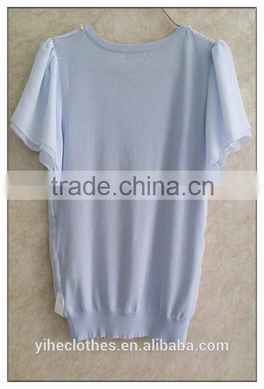 Simple chiffon T-shirt short sleeve knitting wear with chiffon stitching