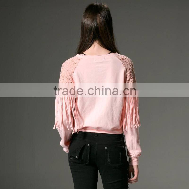 PT-045 Tassel Splicing Cut-Out O-neck Cotton Long Sleeves T-shirt