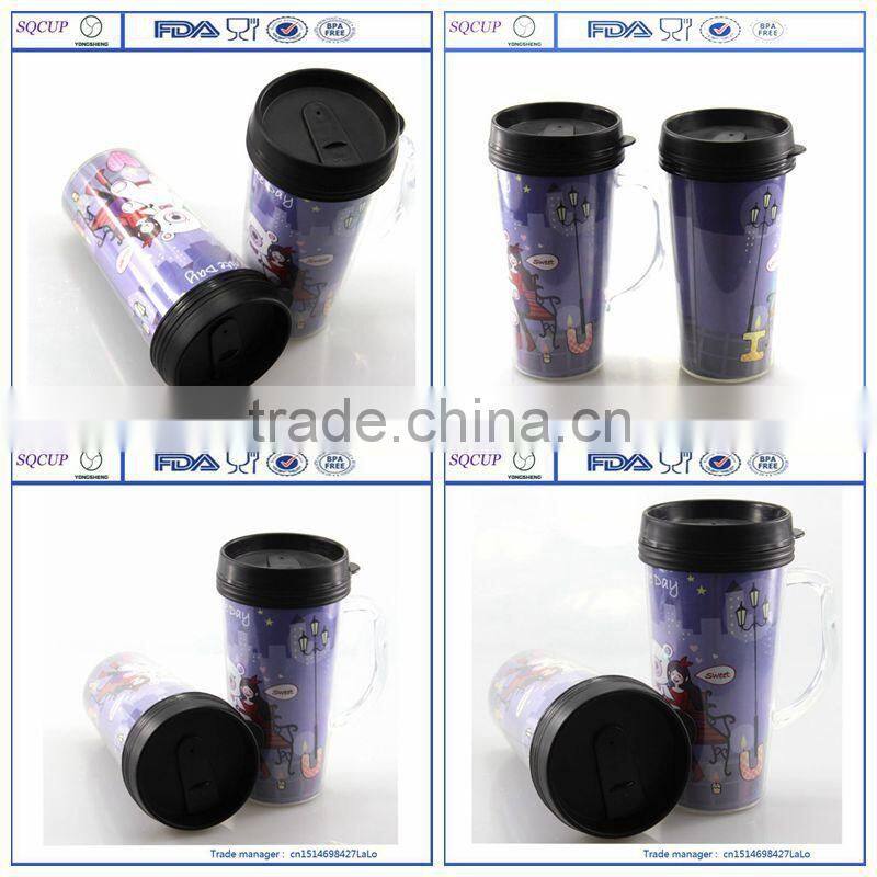 Newest double wall plastic starbucks mug with removable paper inside and with handle or no handle